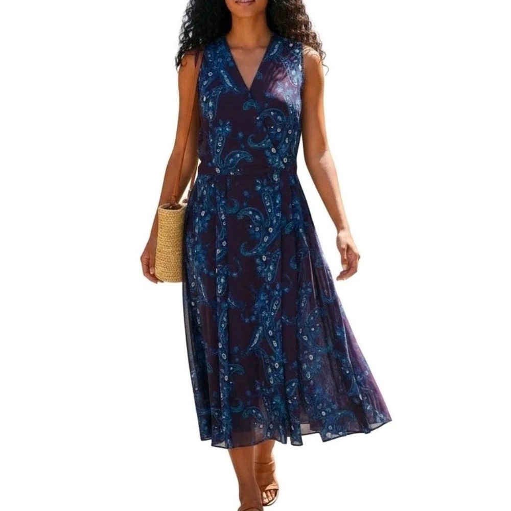 Cabi 3461 Paisley Dress Womens 8 Purple Blue Faux Wrap Sleeveless Midi Pockets